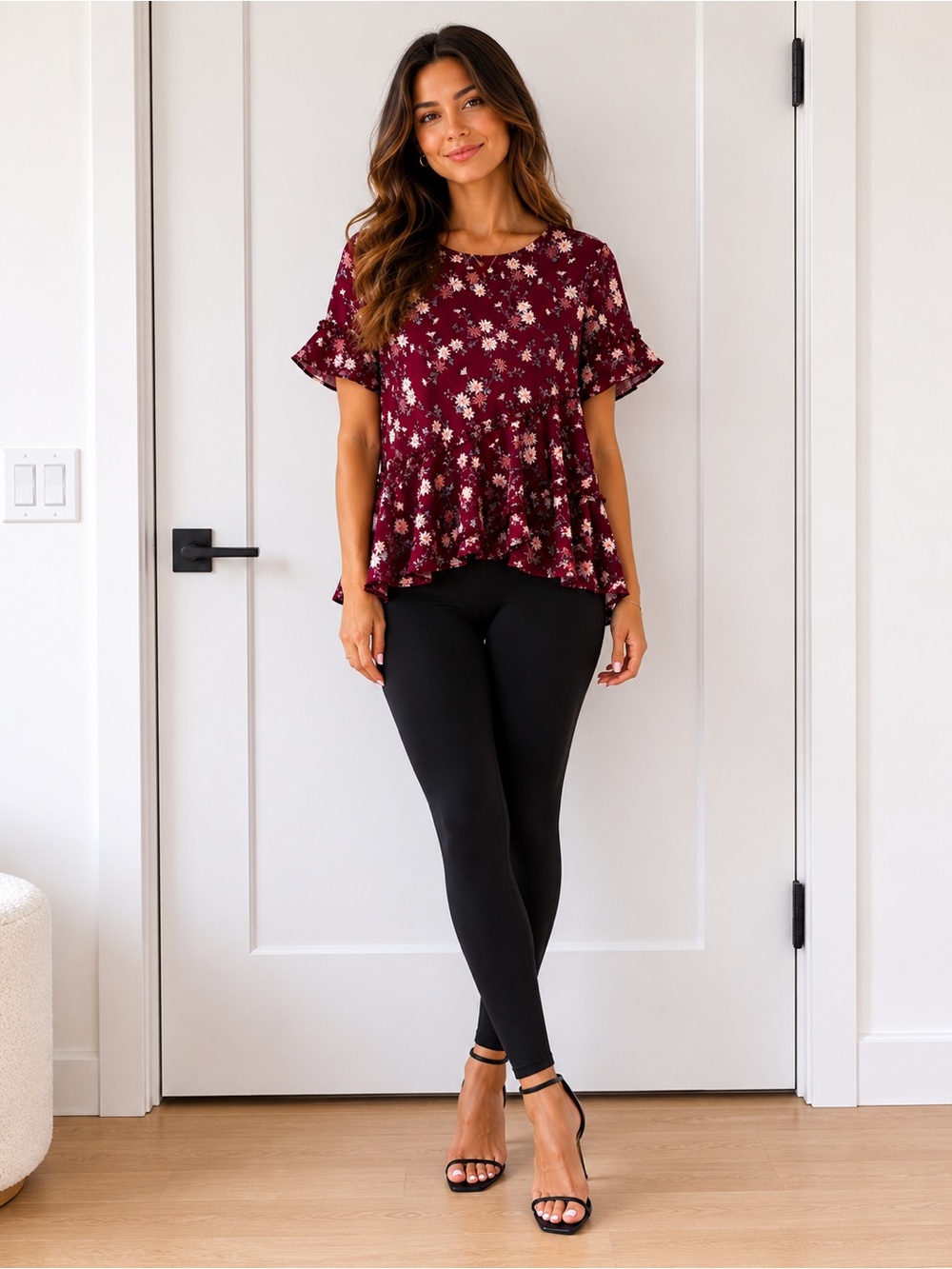 cinq a sept Burgundy Floral Ruffle-Sleeve Peplum Top